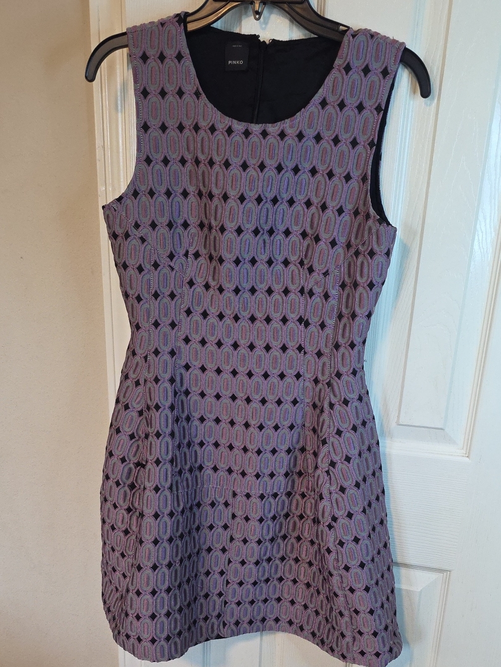 Pinko Purple Geometric Jacquard Sleeveless Mini Dress. Made In Italy.